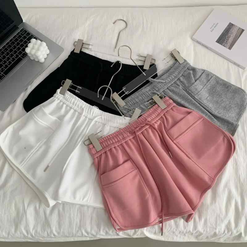 Capri Pants - レディース ショートパンツ 夏 春夏 高腰 直筒 切り替え 綿 ポリエステル 薄手 ポケット付き 無弾性 工装風 日韓カジュアル 個性街頭 ブラック グレー ピンク ホワイト M L XL XXL