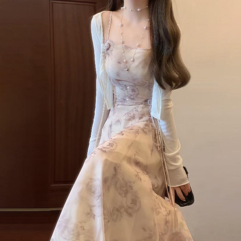 Women's Spring/Summer Long-Sleeve Midi Dress Set with Floral Print, Stylish, Suitable for Commuting, Casual Wear, and Everyday Use. Made of Lightweight, Stretchy Polyester Material. Features a midi-length dress and skirt. Brown fabric.