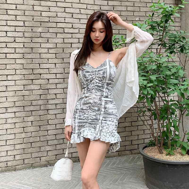 Other - ワンピース レディース 春夏 吊り帯 ミディ丈 包みヒップ フィッシュテール スカート 女性用 ドレス トップス Vネック プリーツ プリント 花柄 フリル 装飾 セクシー デザイン ハイウエスト 気品 通勤 スタイル 優雅 ファッション ポリエステル