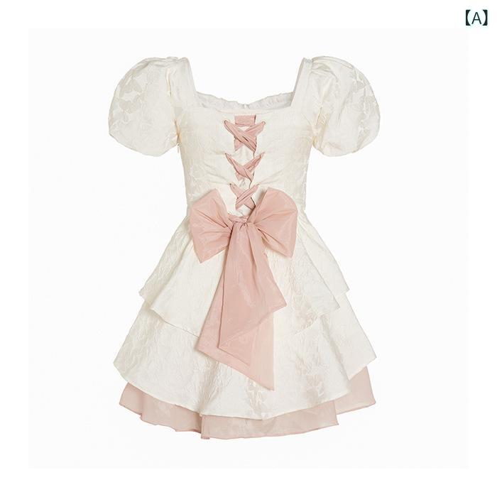 ワンピース レディース 夏 春夏 プリンセス かわいい 甘め ピュア セクシー 後ろ 背中 紐 バンダナ 蝶結び 高腰 スリム 効果 一文字 ネック フレア Aライン 中丈 スカート 短袖 切り替え デザイン 接触冷感 ポリエステル 素材 セットアップ