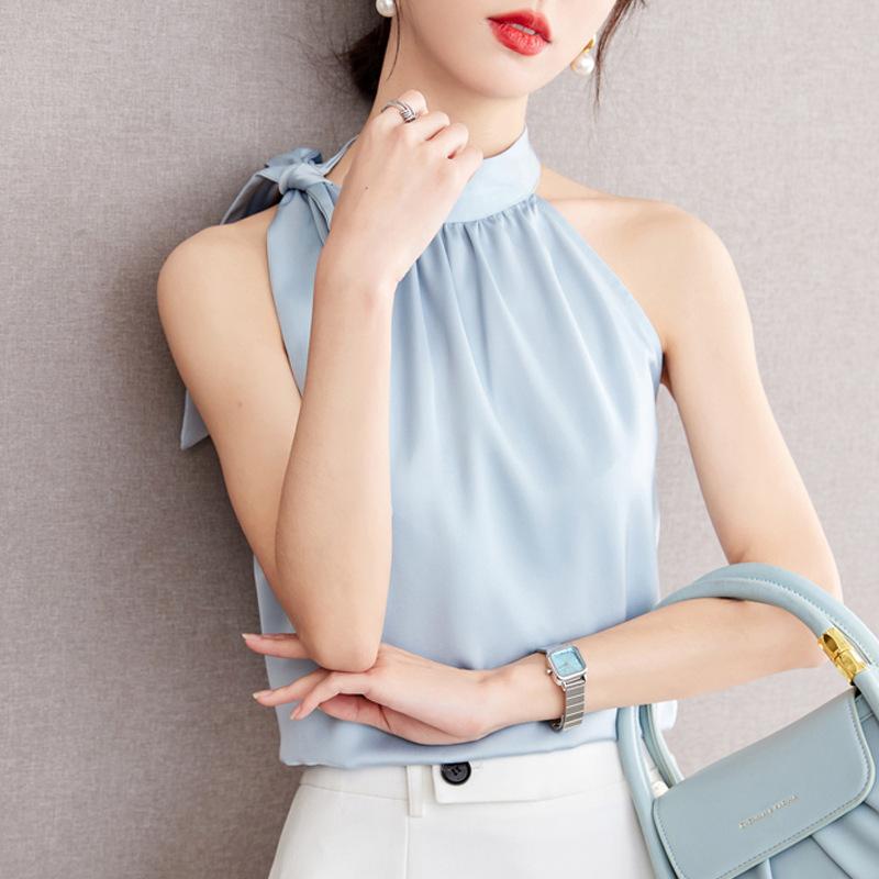 Other - ノースリーブ ブラウス 女性用 ハンギングネック デザイン 光沢 気質 ブルー系 肩出し トップス 通勤 通勤風 修身 スリムフィット 普通丈 無領 セットイン 化繊 ポリエステル 涤纶 高温定型 気質 優雅 クロスボーダー 気質通勤 セットヘッド 95