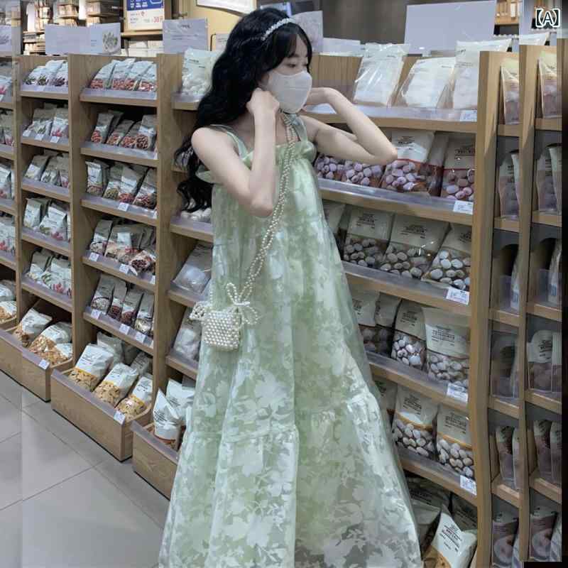 ワンピース レディース 緑 かわいい 仙女風 吊り帯 中長丈 Aライン チュール 網状 スカート ポンパドール 切り替え 無袖 涼しい 夏 春夏 通勤 普段使い 学生 街頭 ストリート スタイル 再生繊維 ポリエステル 軽量 吸湿速乾 ビッグシルエット