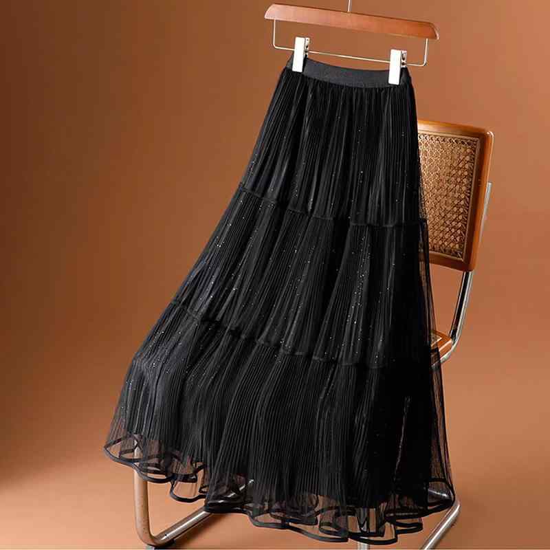 Skirts - スカート 女性用 春夏 大きいサイズ 中長丈 Aライン プリーツスカート レーススカート 黒 ベージュ 気質 通勤用 ネット生地 シースルー フラッター ゆったりシルエット 軽量 日常使い