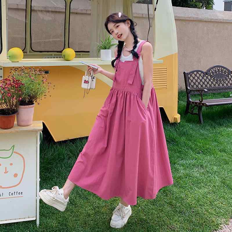 Rakuten - ワンピース レディース 夏 かわいい 樹莓紅 背帶スカート A字型 ハイウエスト 無袖 圓領 氣質 通勤 セットアップ 學院風 甜美 軽量 聚酯 再生繊維 吸湿速乾 ビッグシルエット ピンク系 ドーパミンカラ