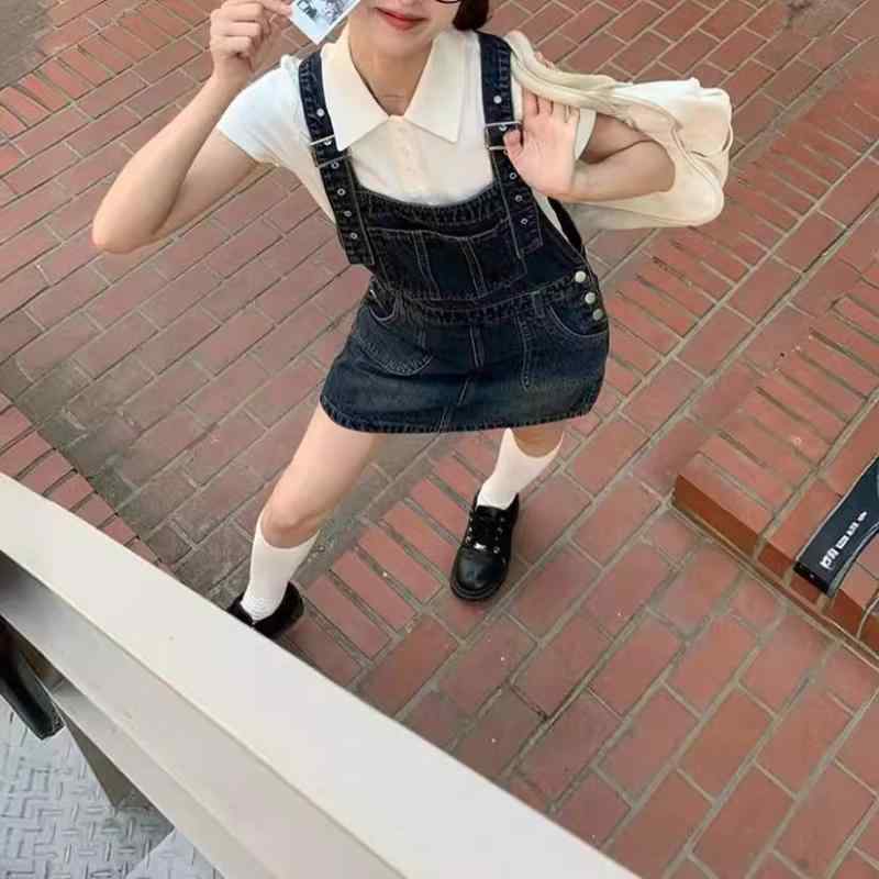 樂天商城 - ワンピース 女性用 夏 牛仔 背带 短め スカート デニム ワンピース 短袖なし ウネック 中腰 切り替え ポケット 付き シングルピース セットアップなし 純色 ジップ ファスナー ドア コットン 混紡 他の素材 デニムブルー サイズ S M L 日韓