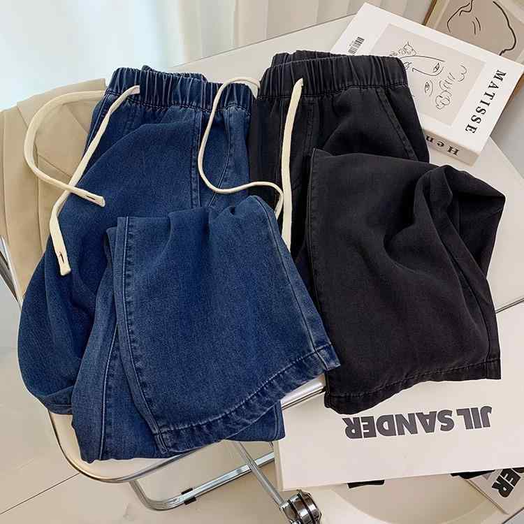 パンツ レディース 夏用 デニム ワイドレッグ 高腰 直筒 ゆったり スリム効果 ロング丈 薄手 軽量 伸縮性 接触冷感 洗い加工 ブルー ブラック カジュアル 普段使い デイリー 部屋着