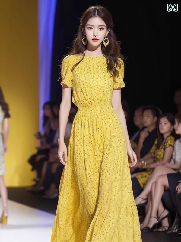ワンピース 女性用 黄色 プリント 夏 フレンチスタイル ミニ丈 かわいい 気質 ウエスト切り替え スリムライン 中長丈 仙女スカート ラウンドネック ショートスリーブ 中腰 立体装飾 ポリエステル 繊維 無撫子処理 清新 甘め スタイル シングルピース
