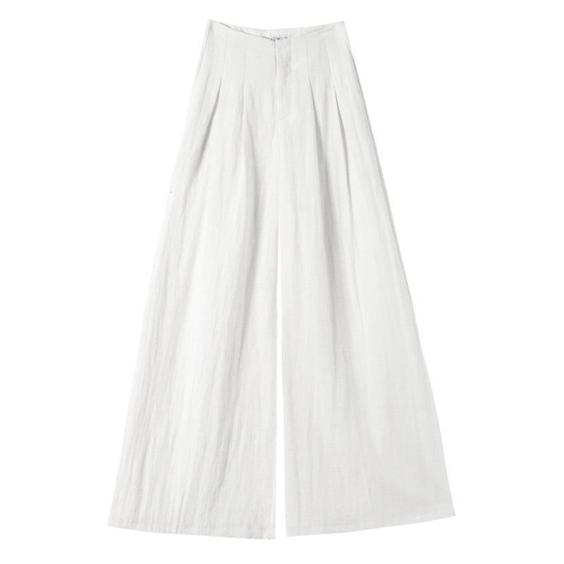 Capri Pants - レディースパンツ 女性用 夏用 高腰 薄手 接触冷感 綿麻 防晒 ワイドレッグ ハンギング 気質 通勤 都市風 快適 休闲 ポケット付き 白色 グレー ブラック 小柄 標準 ロング丈 免烫 処理 アクryル 繊維 95% 以上