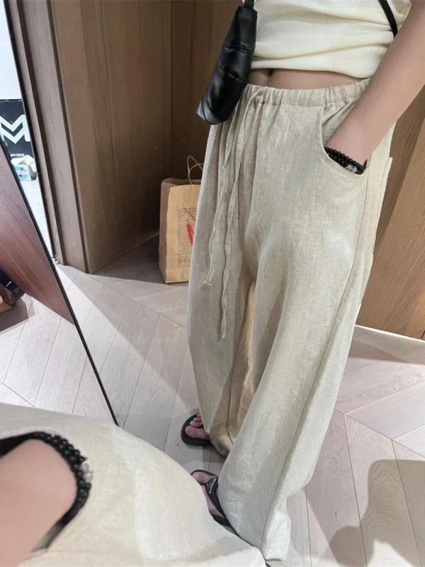 レディース ワイドパンツ 麻混 コットン ロングパンツ 中腰 ゆったり シルエット 通気性 質感 薄手 直筒型 無弾性 日常使い 夏向け ライトカラー 伸縮性なし 洗い加工 シンプル デザイン ゆったりシルエット ラフスタイル 麻素材 コットン混紡 ロン