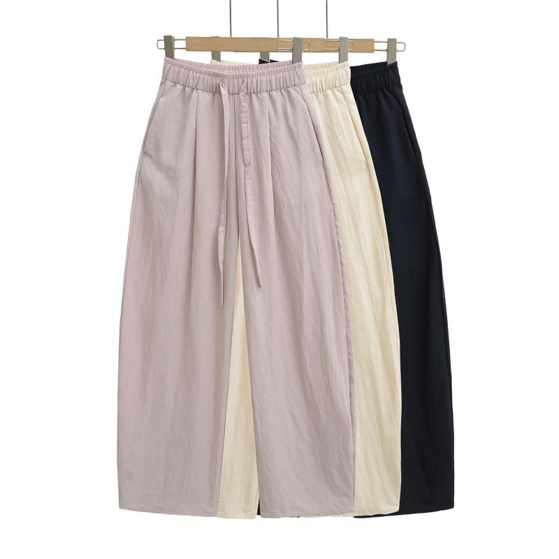 Capri Pants - レディースパンツ 薄手天絲リヨセル混紡 麻混紡 夏 春夏 ピンク系 杏色 ネイビー ワイドパンツ ストレートパンツ ロングパンツ ゆったりシルエット ルーズフィット カジュアルパンツ ストリートスタイル ヨーロッパスタイル セクシー 基本デザイン スリム