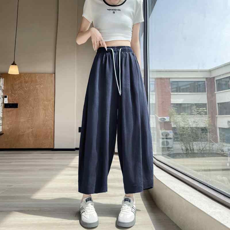 乐天商城 - レディース 黄色 麻混紡 九分 クロップドパンツ 夏用 薄手 接触冷感 コットン リラックスフィット ストレートレッグ ワイドレッグ ハーレムパンツ ミックスカラー ストレッチ 軽量 垂れ感 ゆったりシルエット カジュアル 私服 洗い加工