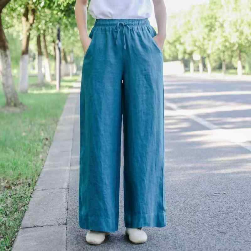 Capri Pants - レディース 夏 パンツ 直筒 麻 素材 薄手 軽量 松緊腰 ワイド シルエット シンプル デザイン ゆったり フィット スリム 効果 日常使い 百搭 コーデ カジュアル スタイル 砂洗加工 接触冷感 吸湿速乾 再生繊維 ブラック グレー ベージュ ピンク