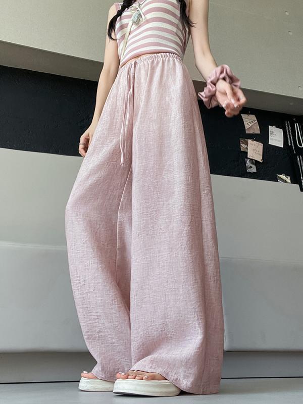 レディース ワイドパンツ 春夏 接触冷感 高腰 ロング 切り替え 綿麻 伸縮性 軽量 薄手 白色 ピンク ブルー リネンカラー 普段使い ゆったり スリム 直筒 スポーツ カジュアル 日韓スタイル 免烫加工 快適 微弾力