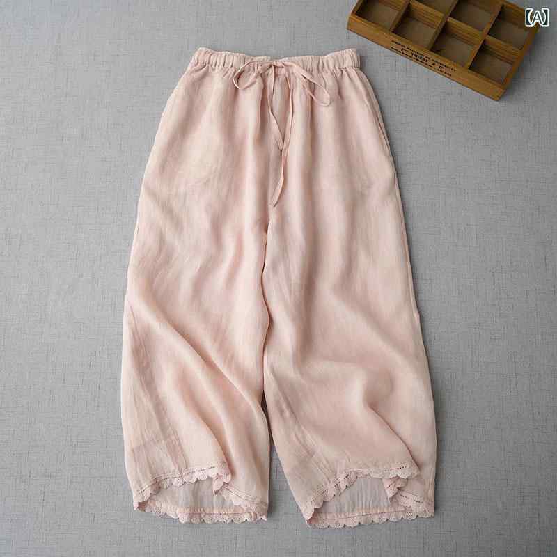 Long Pants - レディース 七分丈 コットンリネン クールパンツ 夏 薄手 高腰 ワイドレッグ ストレート ゆったり 爽やか 快適 カジュアル ピンク イエロー ホワイト 軽量 吸湿速乾 脚長効果 復古風