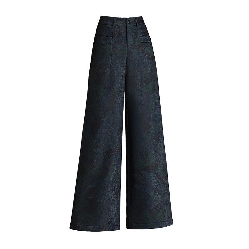 Cropped Pants - レディース ワイドパンツ プリント柄 厚手 暖か ハイウエスト 長丈 ゆったり 通勤 普段使い 切り替え 微弾性 ポリエステル 秋冬 インクグリーン ブラック