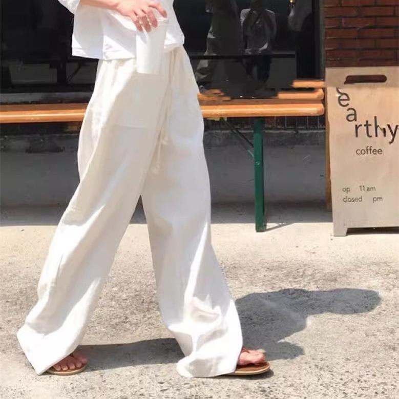 樂天商城 - レディースパンツ 女性用 夏用 薄手 綿麻素材 高腰 ゆったり垂感 直筒 ロング丈 フロア丈 ワイドレッグ クロップドパンツ 快適カジュアル 軽量 吸湿性 ホワイト ブラック 日系リラックススタイル