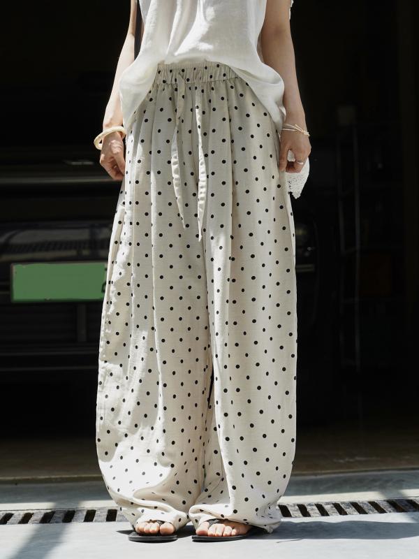 乐天商城 - ワイドパンツ 女性用 夏用 麻混紡 接触冷感 波点柄 ハイウエスト ゆったりシルエット ロング丈 ブラック ベージュ 松腰 微弾力 切り替えデザイン 日系カジュアル ルーズフィット 軽量素材 吸湿速乾 通勤普段使い