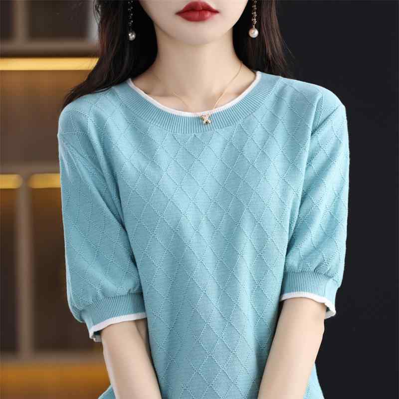 Other - Tシャツ 女性用 短袖 半袖 丸首 切り替え ダイヤモンド柄 コットン 100% 薄手 軽量 ゆったり スリム効果 セットインスリーブ 普通丈 春夏 日常使い シンプル 快適 日韓カジュアル ライトグリーン ネイビー デニムブルー アイボリー ブラック