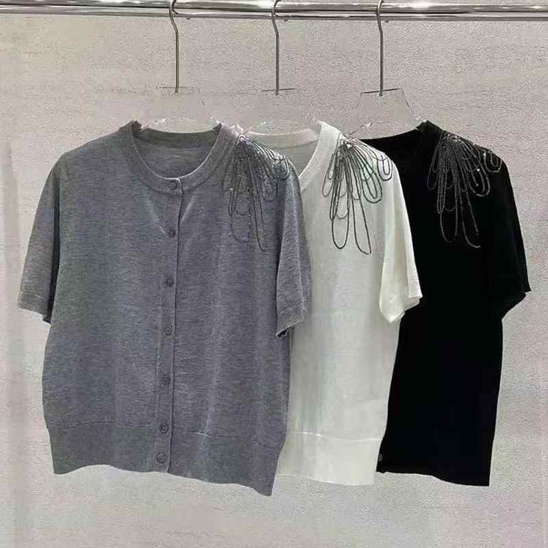 Other - カーディガン 女性用 気質 通勤 薄手 羊毛 桑蚕丝 ニット 短袖 開衫 上衣 刺繍 チェーン ストラップ シースルー セールン トップス セーター ブラウス ルーズフィット 軽量 伸縮性 吸湿速乾 丸首 三分袖 普通丈 シングルブレスト ボタン 無地
