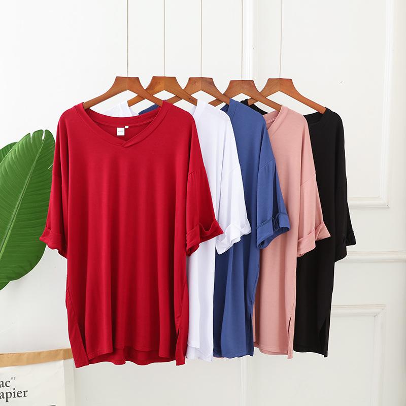 Rakuten - Tシャツ 女性用 Vネック 中長丈 半袖 トップス 韓版 ゆったり スリム 袖口折り返し インナー モダール コットン100% 接触冷感 吸湿速乾 切り替えデザイン 軽量 通勤 普段使い ブラック ピンク ホワイト ワインレッド デニムブルー 気質 軽熟