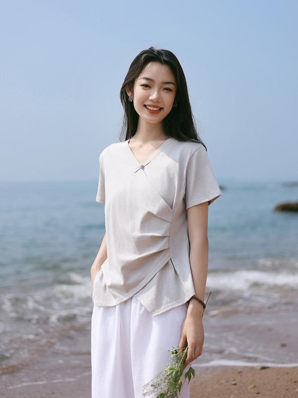 Other - Tシャツ 女性用 夏 短袖 Vネック 漢麻 綿 接触冷感 吸湿速乾 修身 気質 かわいい 切り替え 復古風 深杏 銀灰 酒紅 クラシックブラック ライトグレー ベージュ 軽量 通勤 普段使い アウトドア