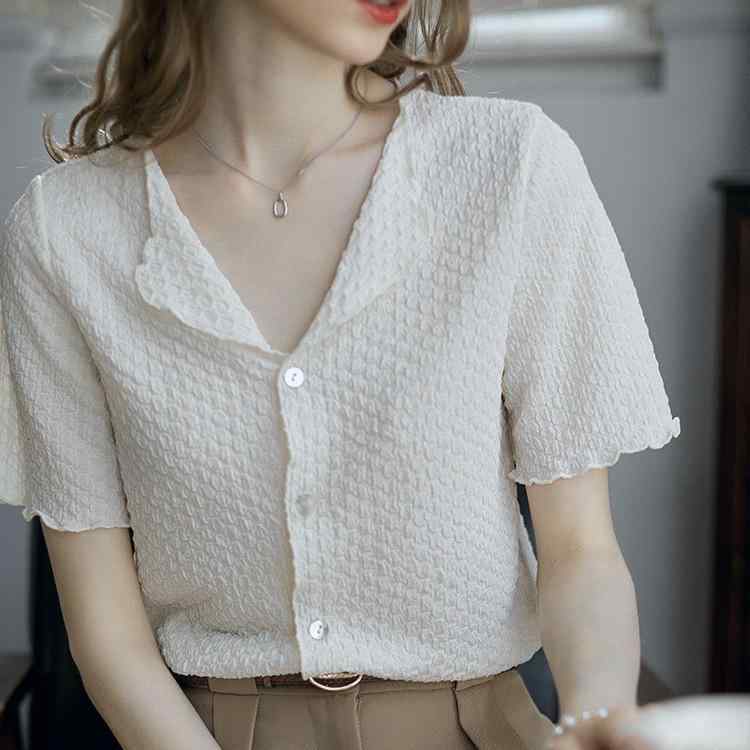 ・カテゴリ: Tシャツ・スタイル: 法式風・主な素材: ポリエステル30%～50%・柄: 無地・デザイン: 開衫・袖丈: 短袖・加工: ステッチ・フィット: ルーズ・着丈: 短め・ネックライン: Vネック・袖型: スタンダード・カラー展開: ホワイト、アプリコット・サイズ展開: フリーサイズ