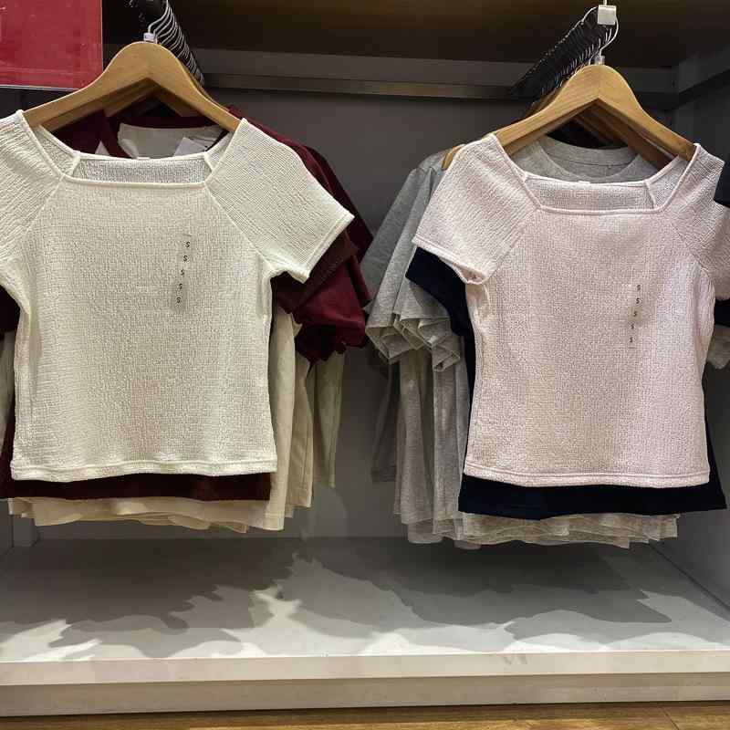 Other - Tシャツ 女性用 日韓スタイル 方領 短袖 修身型 インナー トップス 切り替えデザイン 純色 乳白色 ブラック 水色 栗色 ネイビー 春夏 吸湿速乾 軽量 通勤 普段使い カジュアル 伸縮性 短丈 ユニセックス
