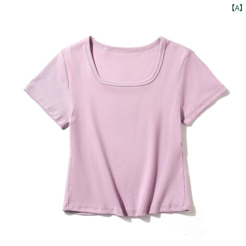 乐天商城 - Tシャツ 女性用 短袖 方領 修身 スリム かわいい 短め上衣 綿 スパンデックス 接触冷感 純色 春夏 白色 グレー パープル カーキ 日韓カジュアル 普段使い 軽量 伸縮性