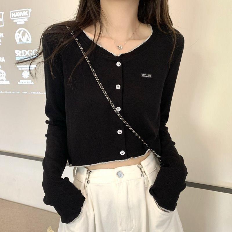Other - Tシャツ 女性用 春夏 短丈 長袖 Vネック 切り替え デザイン 気質 通勤 都市 カジュアル コットン ポリエステル 混紡 薄手 軽量 ブラック グレー ホワイト トップス ブラウス