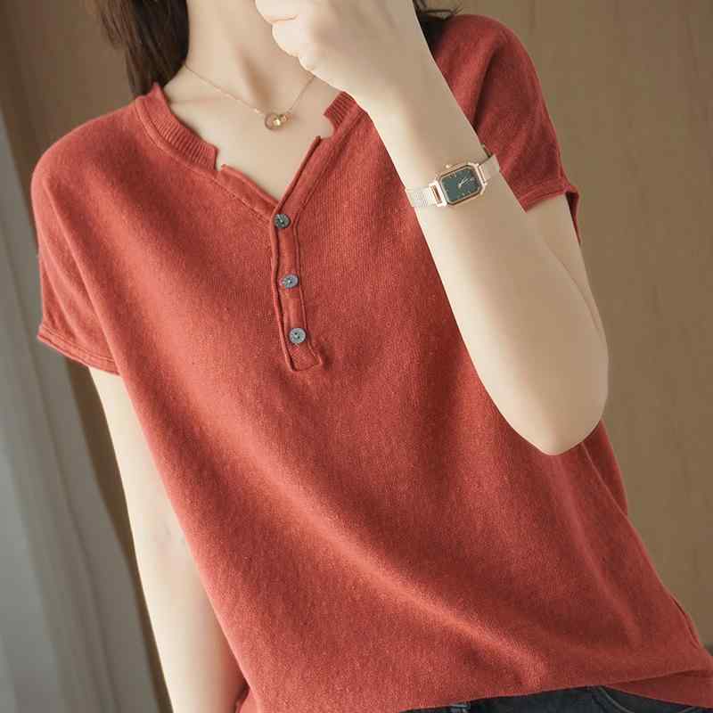 Tシャツ 女性用 短袖 半袖 Vネック トップス コットン 麻 綿麻素材 薄手 軽量 通勤用 気質 夏 春夏 純色 ワイドシルエット ゆったり スリムライン 米白 卡其 トマトレッド ライトキャメル ライトピンク グレー ペacockブルー ブラック イ