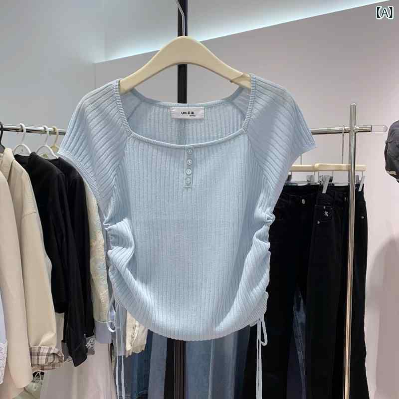 Other - Tシャツ 女性用 夏 接触冷感 短袖 方領 韓国風 デザイン 小さめパフスリーブ ドローストリング ウエスト切り替え スリムフィット ライトブルー ライトイエロー レッド 直筒シルエット 短丈 ポリエステル混 PVC 雪ニール 吸湿速乾 通気性 軽量 私