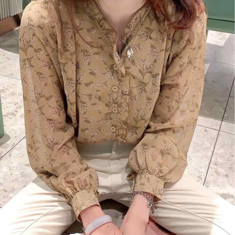 Other - トップス レディース 長袖 シャツ 雪紡 切り替え フレアスリーブ Vネック フラワー柄 ブラウス インナー ゆったりシルエット 優雅 通勤 通年 気質 甘め クリア 黄色 杏色 ブルー ポリエステル 繊維