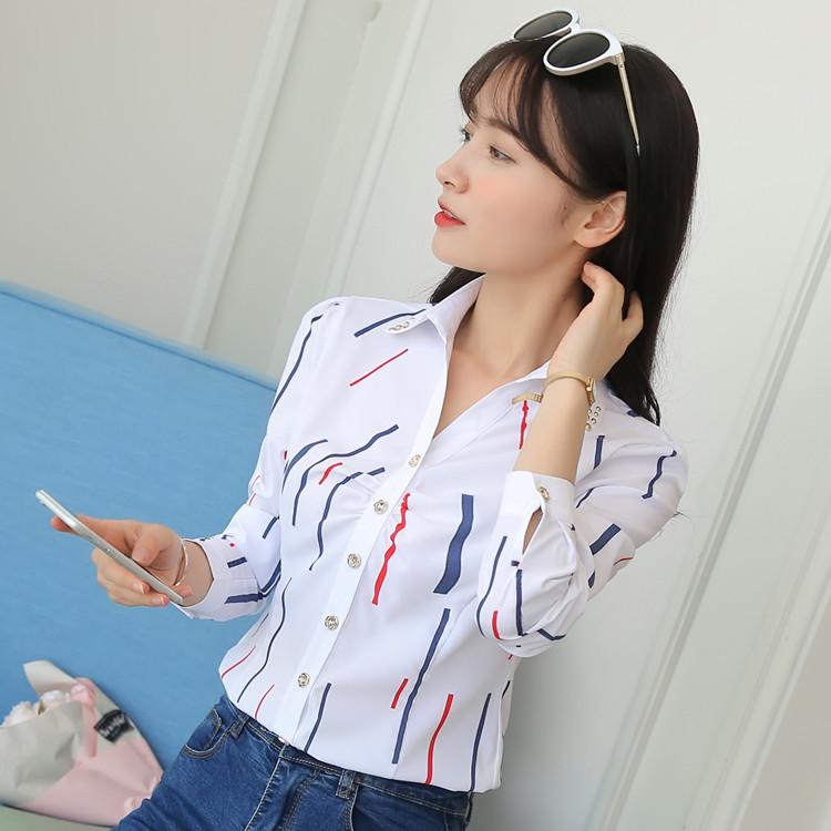 Other - レディース シャツ トップス 長袖 白色 条紋 修身 Vネック 泡泡袖 切り替え 印花 気質 通勤 普段使い 化繊 ポリエステル 吸湿速乾 軽量 伸縮性 優雅 スタイル ブラウス 開襟 シングルボタン 秋 春夏 秋冬 女性用 ファッション