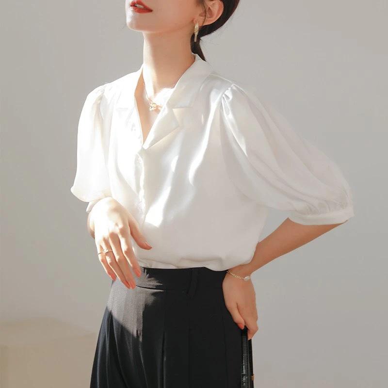 Other - 女性用 ブラウス シャツ トップス 短袖 Vネック 泡泡袖 プリンセススリーブ 灯笼袖 デザイン性 復古 フレンチスタイル ゆったり ワイドシルエット シャーリング 幾何学柄 無地 ポリエステル 雪纺素材 接触冷感 アイスカラートーン 白色 ブラック 夏