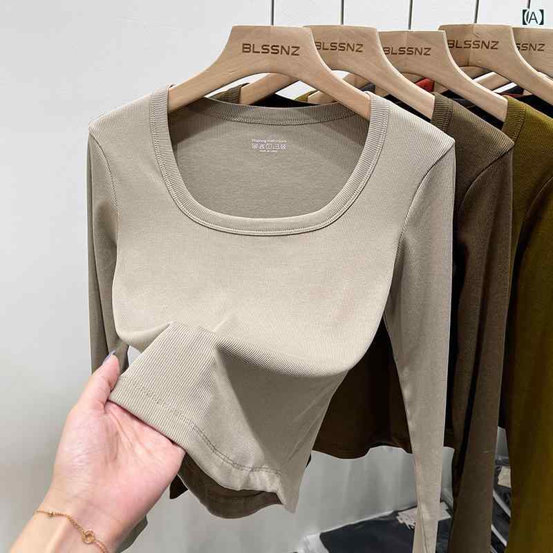 樂天商城 - 長袖Tシャツ 女性用 短丈 秋 修身 鎖骨方領 トップス インナー 綿素材 微弾性 純色 セットアップ 気質 通勤風 軽量 伸縮性 ベーシック レイヤード ブラウン系 グレー ブラック ホワイト アイボリー