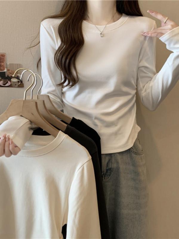 Tシャツ レディース 長袖 修身 短め インナー モダール 再生繊維 接触冷感 免燻 方領 セットインスリーブ スレンダー スリム ブラック ホワイト グレー イエロー ブラウン アイボリー モカ ミルクティー 気質 通勤 通勤風 普段使い 伸縮性 吸湿
