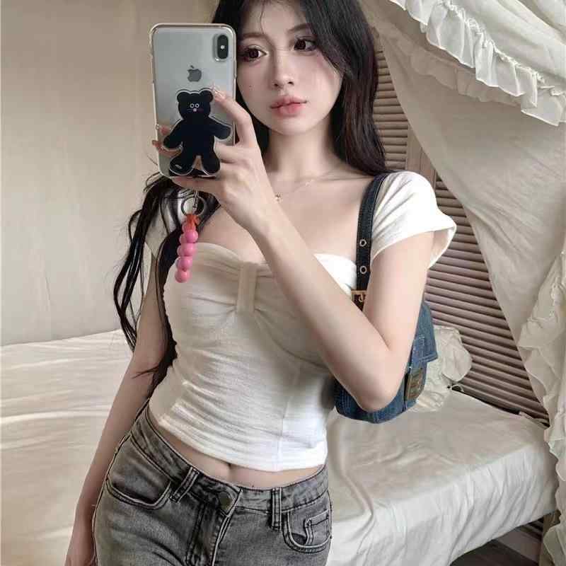 Tシャツ 女性用 短袖 露背 夏 修身 短丈 上衣 方領 純色 褶皱 白色 グレー ポリエステル 接触冷感 吸湿速乾 軽量 日韓カジュアル セクシー スタイル
