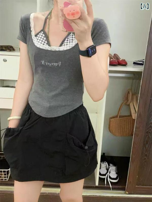 Rakuten - Tシャツ レディース 夏 吊りバンド 短袖 偽ツーピース レース 縁取り 綿 素材 接触冷感 方領 胸パッド 内側 刺繍 チェック柄 ブラック ホワイト グレー ピンク ブルー イエロー ライトイエロー かわいい 甘辛スタイル 私服 トップス インナー