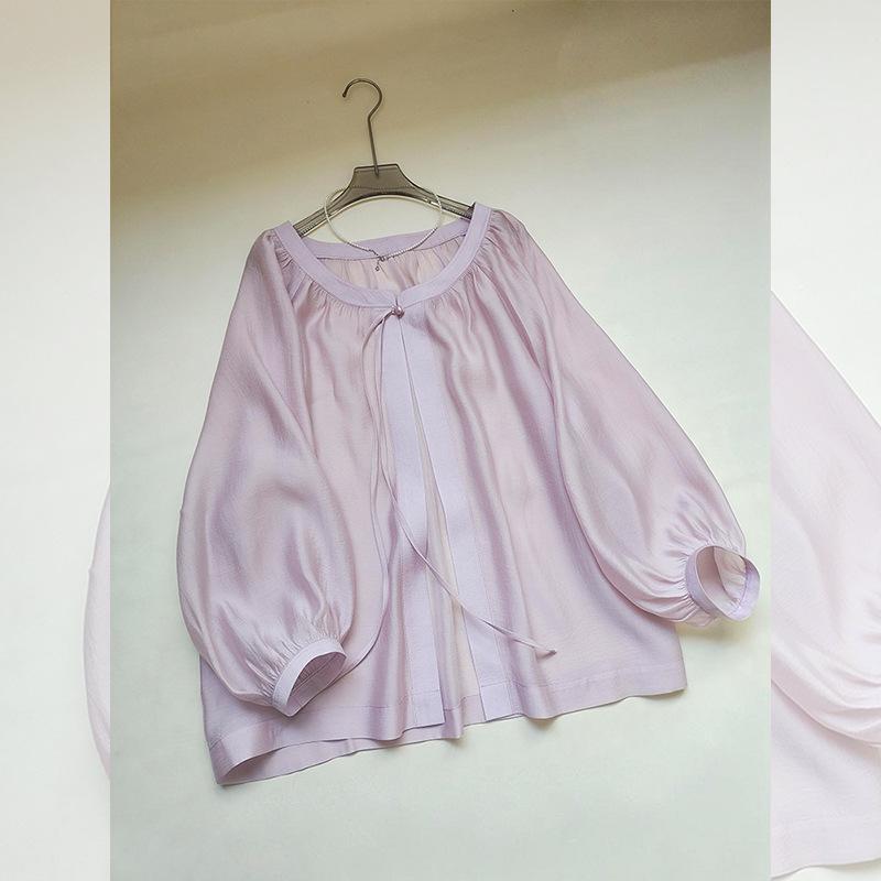 Other - シャツ レディース 紫色 七分袖 シフォン トップス 春夏 通勤用 薄手 防晒 泡泡袖 かわいい シルエット ポリエステル 接触冷感 軽量 吸湿速乾 高級感 Vネック ラウンドネック ミドル丈 気質 スタイル 女性用 上衣 カジュアル 普段使い