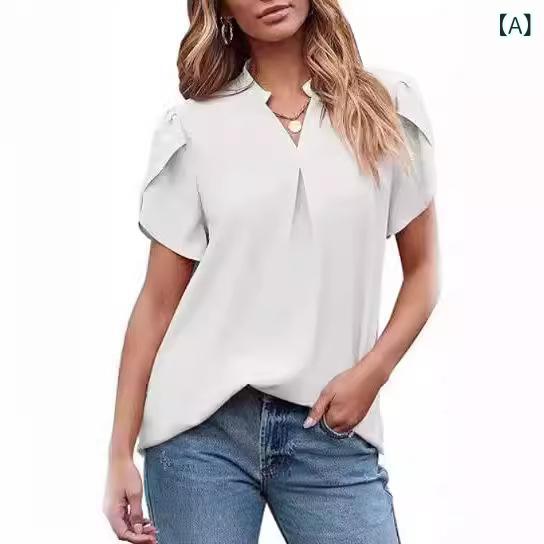 T-Shirts - レディース Vネック 花弁袖 フレア 雪纺 シャツ トップス 気質 通勤 普段使い 都市風 ゆったり ミドル丈 短袖 プチプラ 切り替え プリーツ デザイン ブラウス ワイドフィット ポリエステル 素材 春夏 軽量 吸湿速乾 白色 ブラック ワインレッド