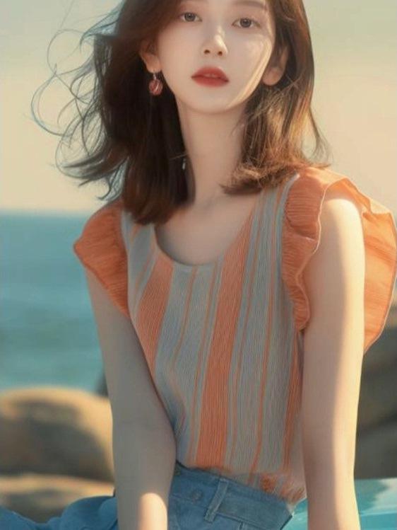 Three-Quarter - シャツ 女性用 春夏 短袖 フレンチスタイル 気質 ストライプ柄 フレアスリーブ 雪纺素材 ポリエステル インナー トップス 切り替えデザイン Uネック フレア袖 花柄プリント ストライプパターン 直筒シルエット 普通丈 セットインスタイル 通勤用 気質
