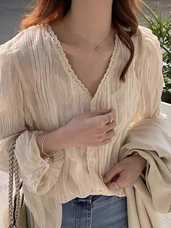 Other - 秋冬 シャツ 女性用 長袖 Vネック 泡泡袖 雪纺 レアース 切り替え 通勤 気質 スタイル 化繊 ポリエステル 杏色 軽量 秋シーズン