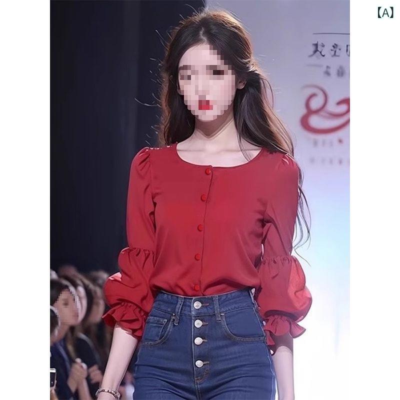 トップス 女性用 赤 春夏 泡泡袖 丸首 シフォン シャツ 切り替え デザイン 軽量 伸縮性 ポリエステル 混紡 私服 気質 かわいい ゆったり フィット 爽やか スタイル コットン ライク 素材 普段使い デート コーデ 人気 シルエット