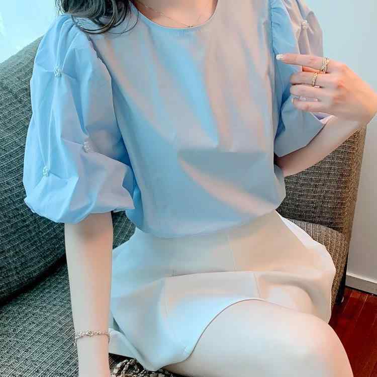 レディース トップス 短袖 シフォン シャツ 泡泡袖 プチプチフリル 丸首 ゆったり 緑 ブルー 春夏 涼しい 接触冷感 軽量 吸湿速乾 伸縮性 私服 御姐スタイル カジュアル 普段使い
