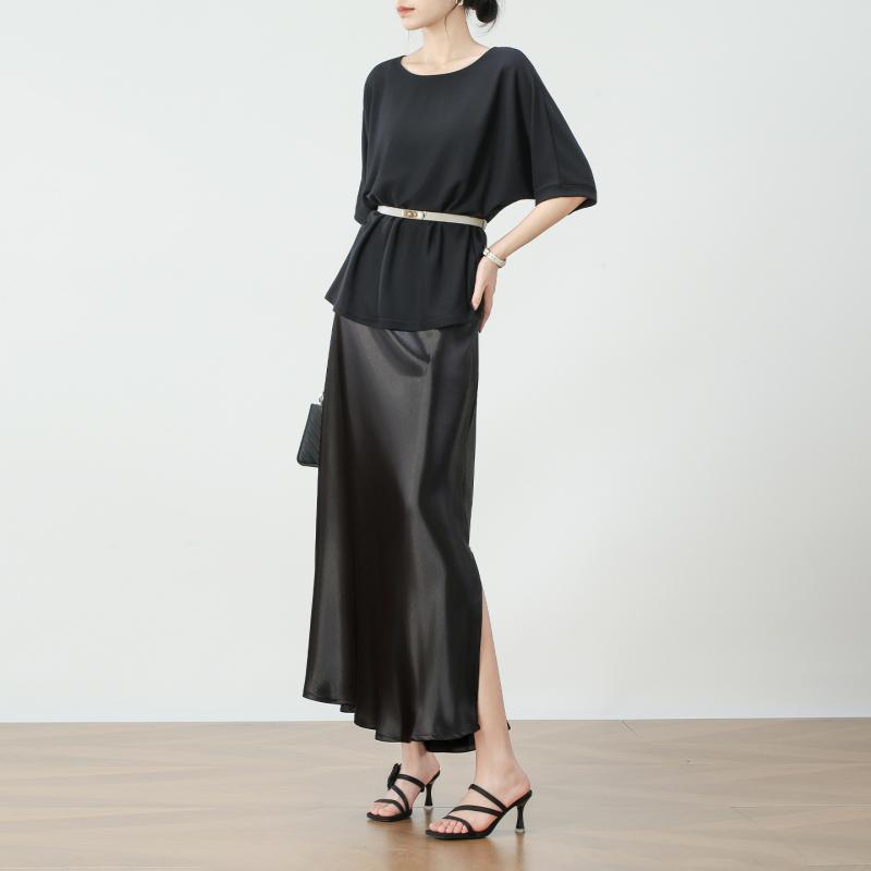 レディース トップス 接触冷感 短袖 ニット シャツ 女性用 夏 春夏 セット スカート セット ルーズ スリム デザイン ウエスト イン ブ..