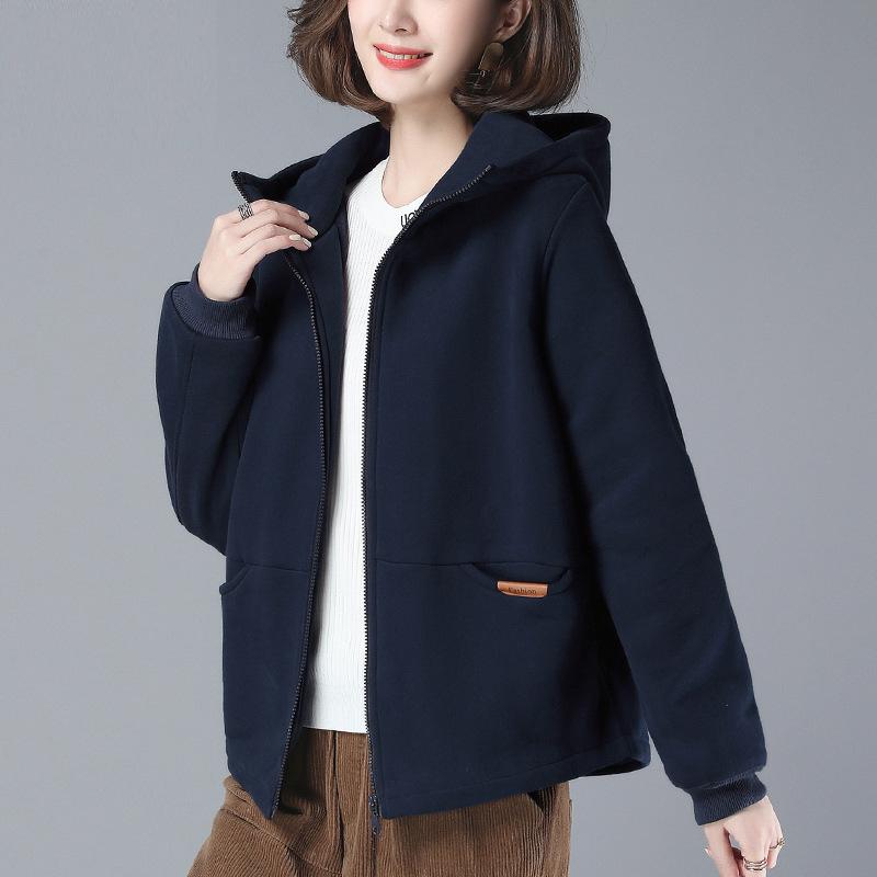 Rakuten - 秋冬 女性用 フーディ コットン 混紡 素材 長袖 ゆったり シルエット 連帽 デザイン 厚手 暖か 通勤 スタイル 開き タイプ 赤 ネイビー ブラウン カラーバリエーション 吸湿 速乾 加工 コージ ファッション トップス アウター ジャケット セー