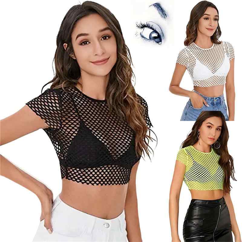 Other - Tシャツ 女性用 短袖 超短丈 透視 メッシュ 切り替え クロップドトップ 丸首 スリムフィット 街頭スタイル ヨーロッパ風 黒 白 蛍光グリーン ポリエステル 柔軟 吸湿速乾 軽量 通勤 普段使い アウトドア