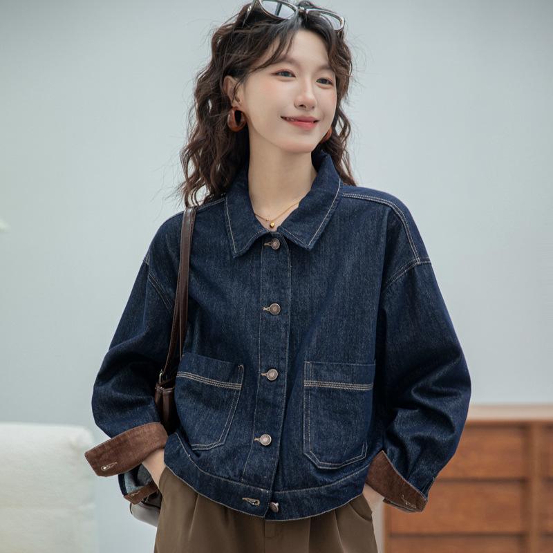 Other Jackets Jumpers - レディース デニムジャケット 牛仔外套 短款 春夏 秋冬 日系 深青 ネイビー コットン 素材 ゆったり ルーズフィット 長袖 POLOカラー ポケット デザイン シングルブレスト ボタン 快適 カジュアル スタイル 日常使い 軽量 通勤 普段着 接触冷