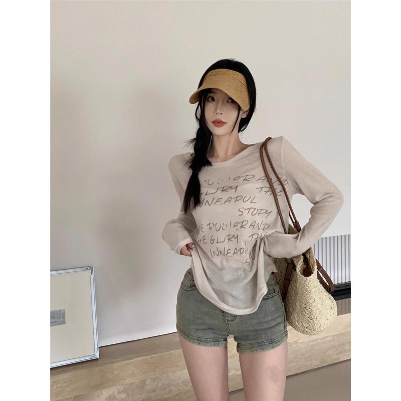 Rakuten - Tシャツ 女性用 春夏 長袖 丸首 防晒 接触冷感 薄手 ゆったり 半透け トップス レイヨン混 スパンデックス混 グラフィティ柄 日韓カジュアル かわいい 爽やか 普段使い