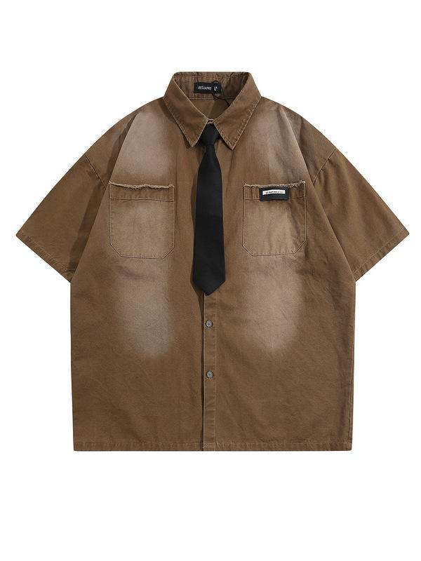 樂天商城 - メンズ シャツ トップス 牛仔布 デニム 短袖 翻領 条紋柄 ワイド ルーズ フィット コットン コットン96% ピンク ブラウン ブルー 夏 春夏 免烫 ポケット 付 レジャー カジュアル 青春 流行 韓版 学院風 情侣 潮 スタイル ティーンエイジャ